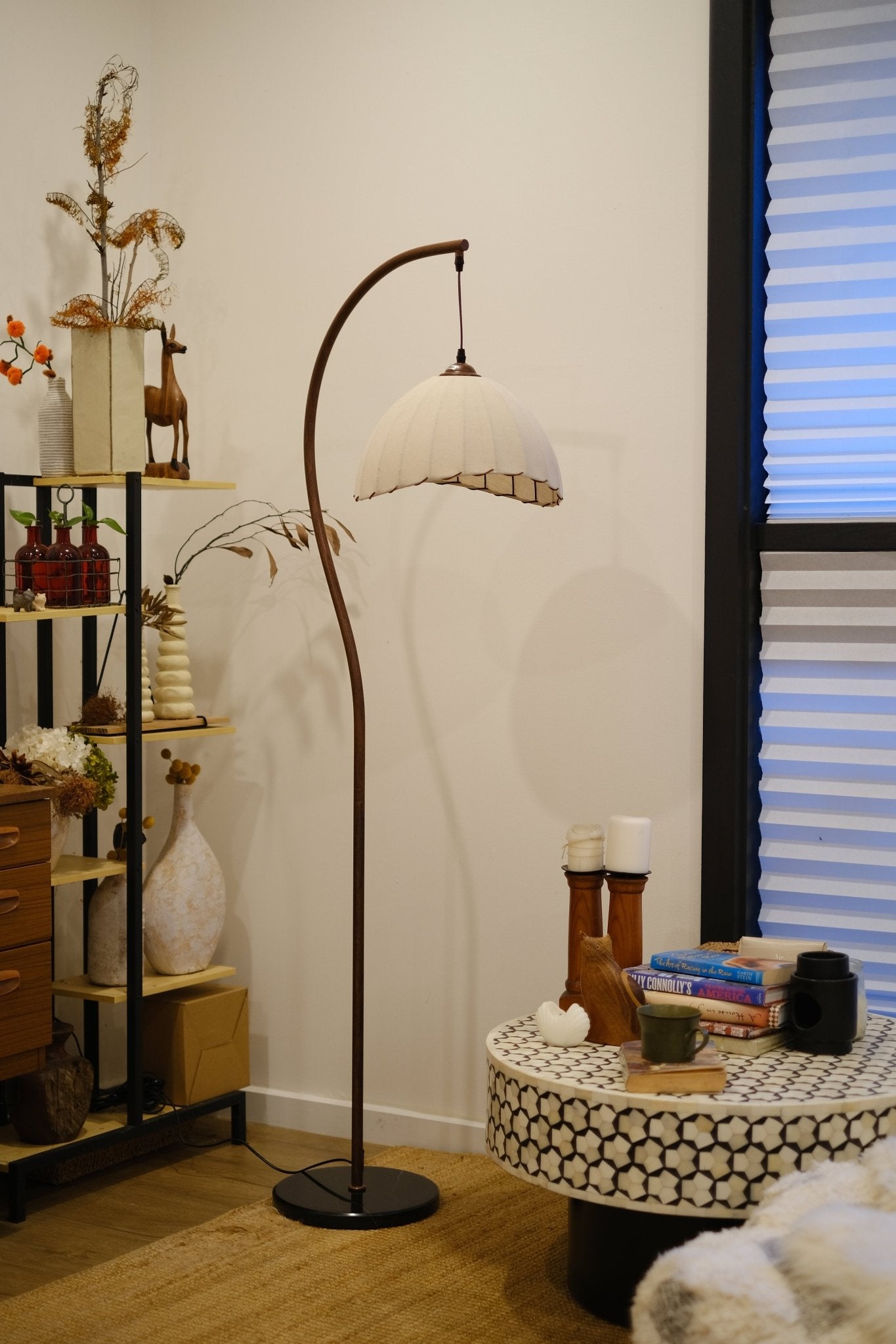 Suki Chinoiserie Arc Floor Lamp | Hemp Fabric Shade - Homezee