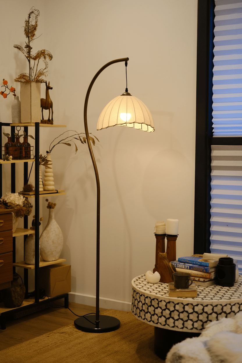 Suki Chinoiserie Arc Floor Lamp | Hemp Fabric Shade - Homezee