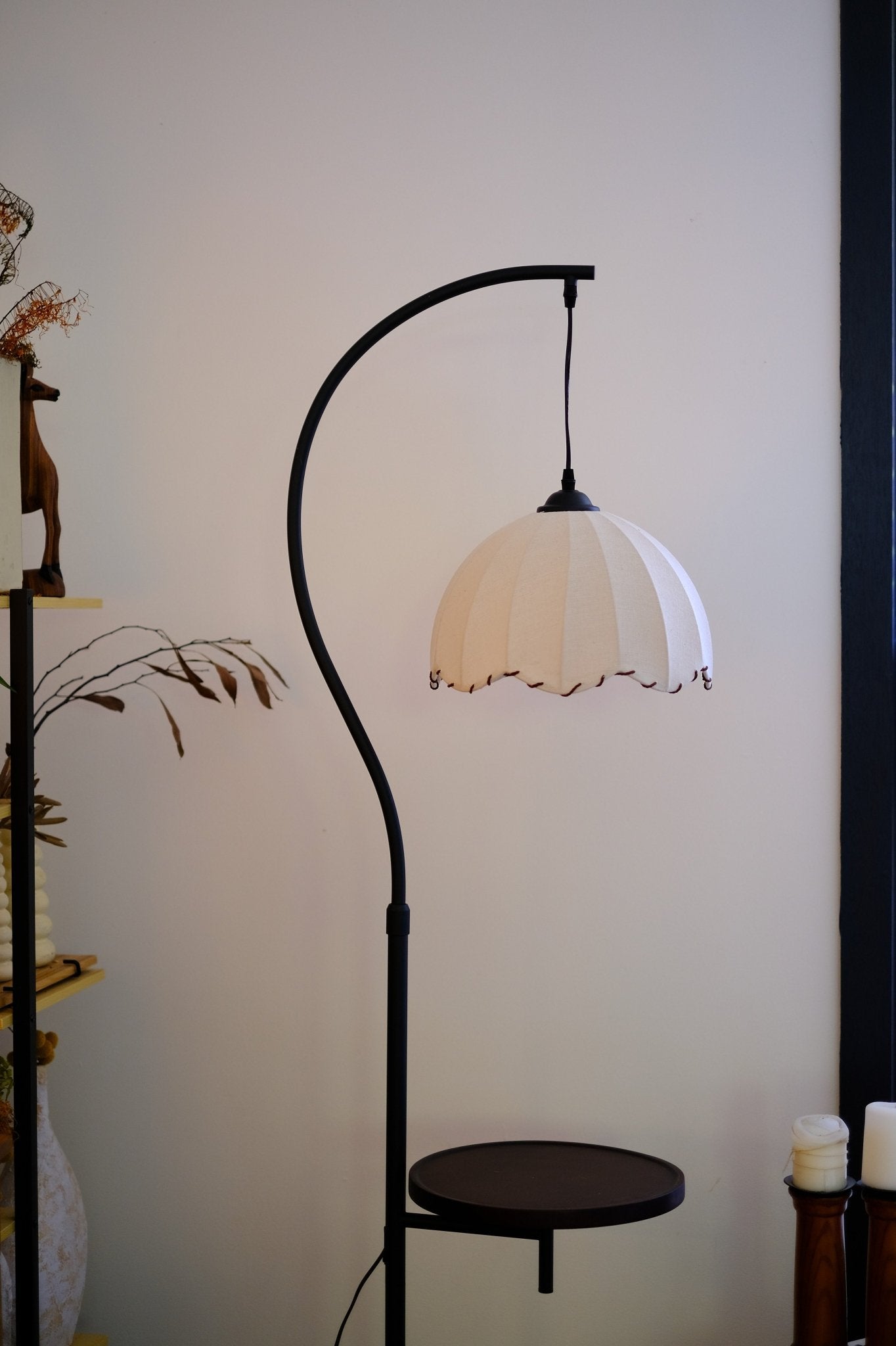 Suki Arc Floor Lamp with Table | Hemp Fabric Shade - Homezee